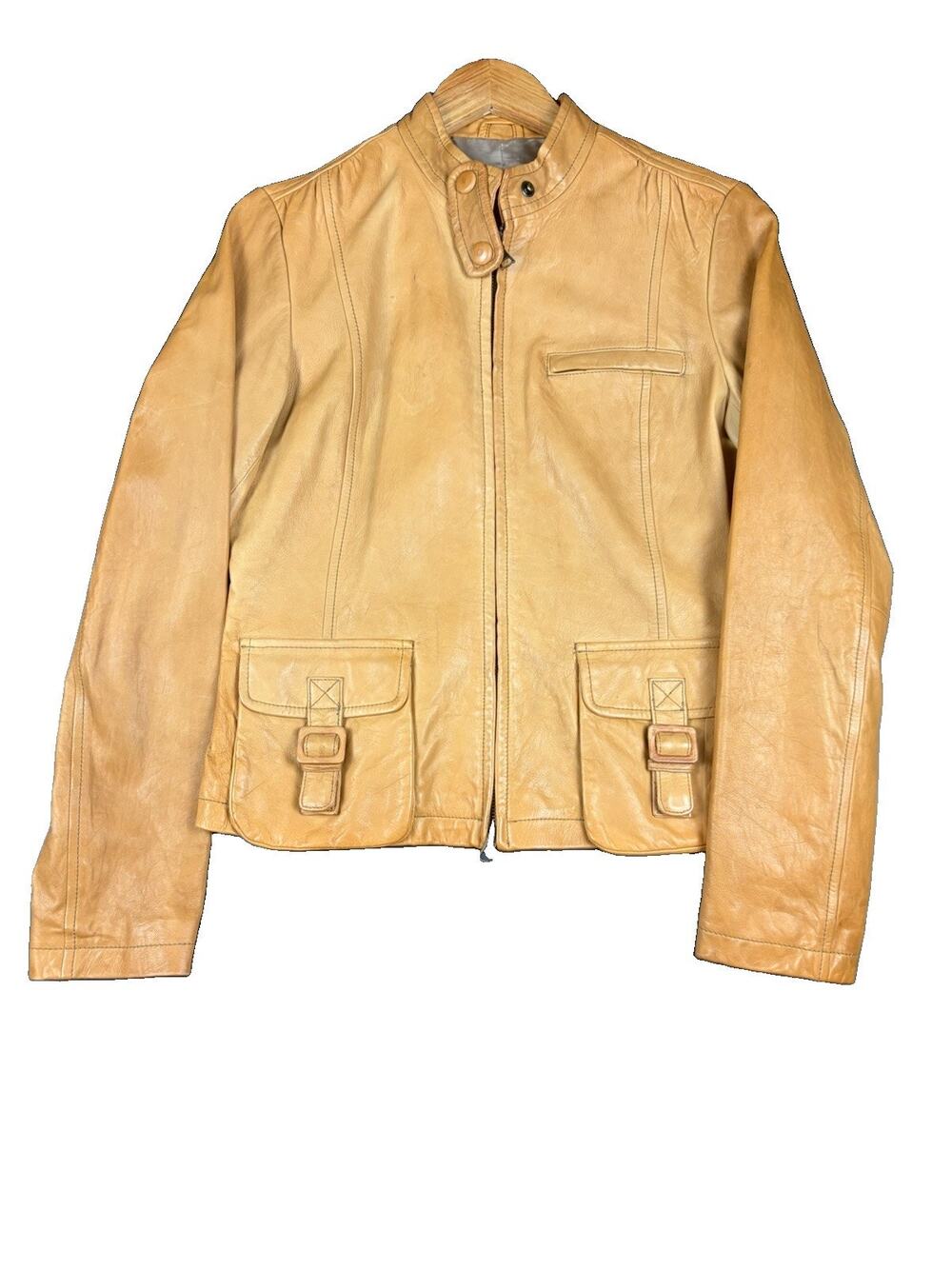 Banana Republic Leather Jacket Women’s S Tan Moto Utility Y2K Cargo Pockets